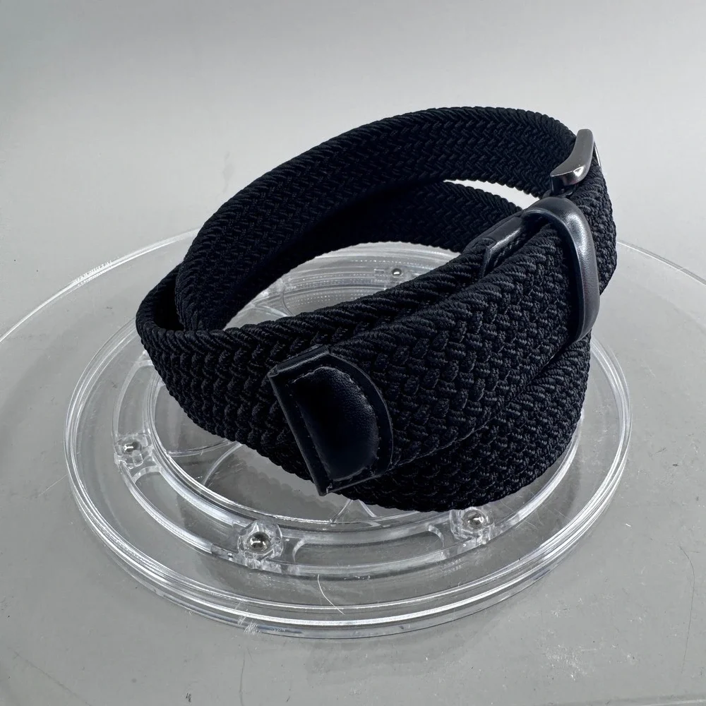 Mens Woven Braided Elastic Stretch Belt Black Genuine Leather Trim Size M 34-36